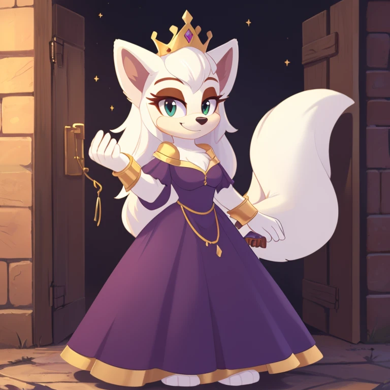 (score_9, score_8_up, 2d), Russian tsarina, polar wolf mobian, female mobian, sonic_(series), tsarina crown, russian, (russian golden royal dress, long skirt dress, round dress), (medium breasts:0.7), ((thin, white muzzle)), ((white hair, long hair, ((white fur, white body, fluffy fur)))), (fluffy hair, fluffy tail, (large tail)), smile, beautiful, cute, dominant, solo, upper body.