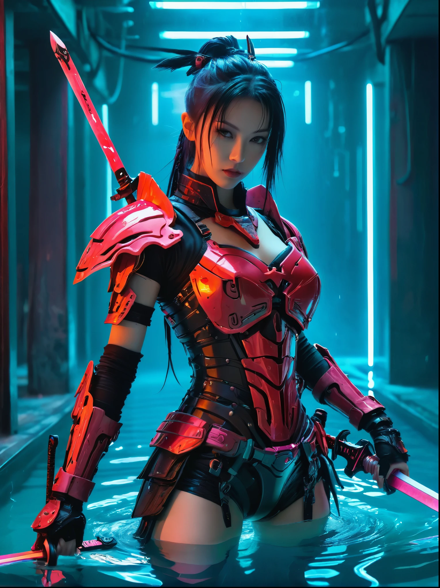 Cyberpunk helllady warrior in neon mecha armor，female swordsman Holding a sword in a pool of blood，solo，1sword，Luminescence&#39;s light eyes，Devil&#39;s Wings，Wide-angle lens，biology，weird，Creepy，nightmarish，Very bright neon colors，Light Particles，Luminescence，Best Photo of the Year Winner，the world on fire，Post-apocalyptic hellscape，Military photography，Epic Photo of the Yeare on the horizon，Epic movie shots，Pure form，Intricate details，8k，Post-production，high resolution，Super Detail，anatomical correct:2