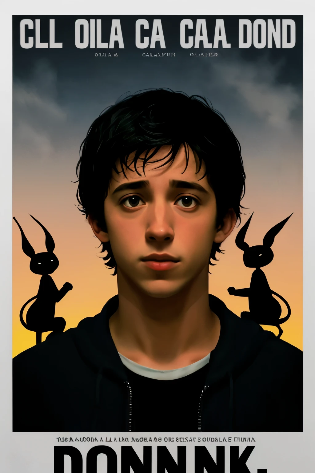 crear un poster de la pelicula de donnie darko en donde se ve la cara de donnie ((mejor calidad)), ((Obra maestra)), (detallado),