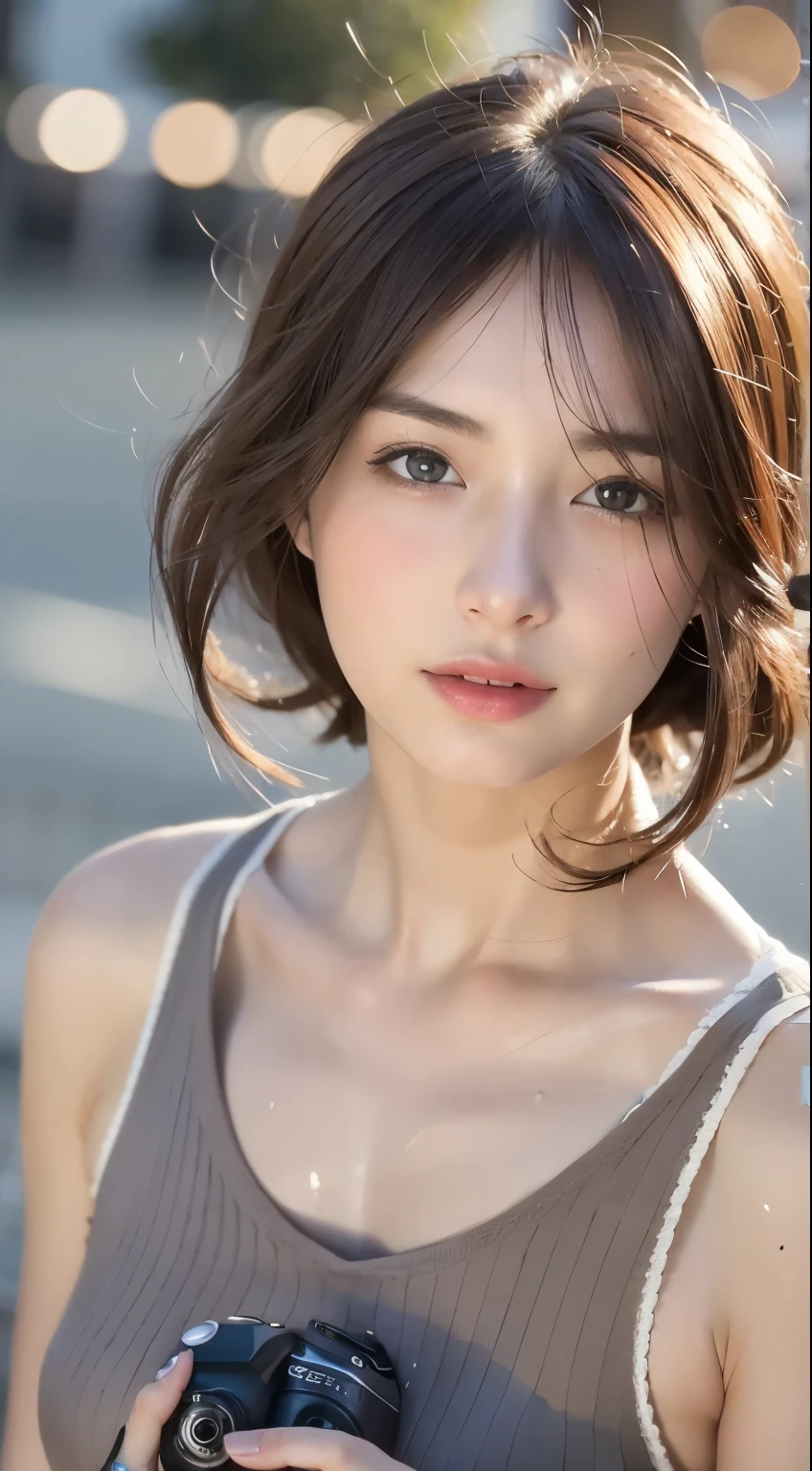 A girl holding a camera, 11 years old, Mix 4,(8k, original photo, best quality, masterpiece:1.2), (Practical, photo-Practical:1.37),1 Girl,Lovely,city View, night, rain, wet, Professional lighting, Photon Mapping, Radiosity, Physically Based Rendering, Gradient dark brown hair, Short curly hair, Handsome, Girlish feeling, White ball set, Excellent image quality, high resolution, 1080p, (Clear face), (Detailed facial description), (Detailed hand description), (masterpiece), (Exquisite CG), Extreme light and shadow, Messy hair, masterpiece, Rich details, (Exquisite facial features), (Highest image quality), (masterpiece), (Delicate eyes), Looking forward to your sight, Delicate clavicle