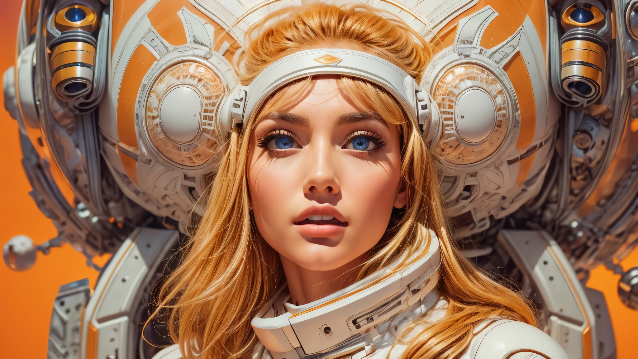 arafed image of a white woman in a futuristic suit with a spaceship in the background, movie art, in front of an orange background, inspired by Robert McGinnis, female protagonist, megastructure in the background, portrait of an ai astronaut, astronauts, an astronaut, portrait of a astronaut skeletor, perfect android girl, Highly Detailed Face and Skin Texture, Detailed Eyes, Double eyelids, perfectly detailed teeth, frank franzzeta and sakimichan  