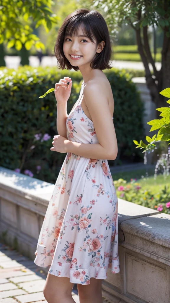masterpiece, highest quality, disorganized, perfect anatomy, 1 girl, alone, pascal tales, short hair, beautiful, Hilarious, sunny day, botanical garden, Summer winds, sundress, Floral, wavy hair, smile