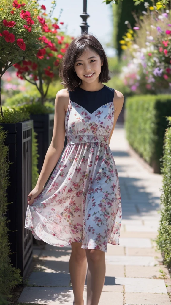 masterpiece, highest quality, disorganized, perfect anatomy, 1 girl, alone, pascal tales, short hair, beautiful, Hilarious, sunny day, botanical garden, Summer winds, sundress, Floral, wavy hair, smile