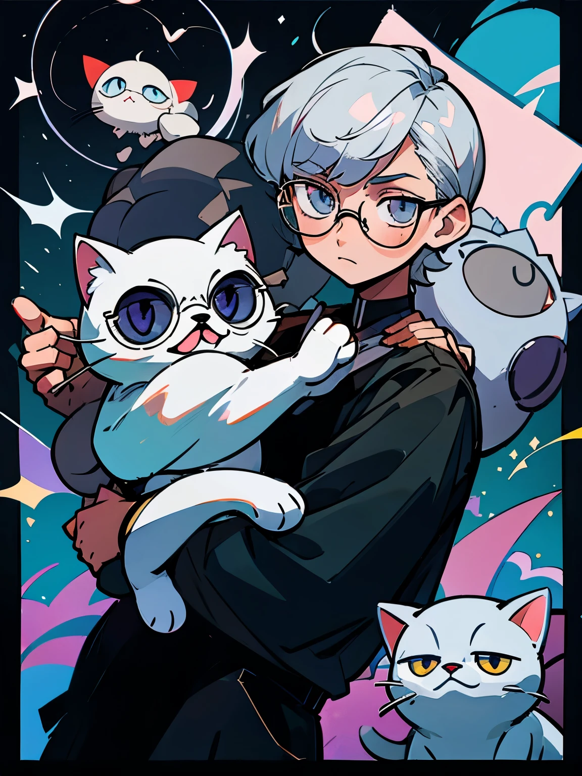 Dark Wind，Boys wearing silver frame glasses，Three and seven points of hair，Holding a cat in arms，Half-length photo