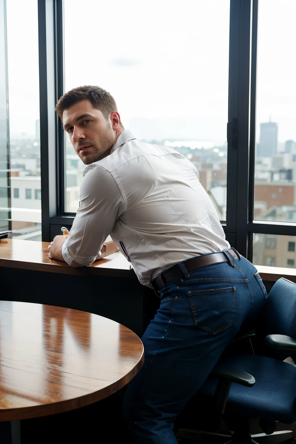 a handsome man sitting in the office,crew cut,business suit,windows,cityscape,full body,mature male,[plump],[chris redfield], jeans backside 