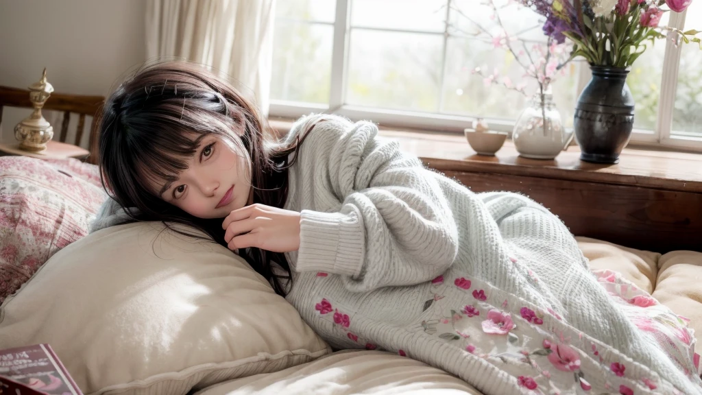 cute pajamas, girl lying on the sofa, soft and cozy texture, fluffy pillows, warm and dim lighting, pastel color palette, dreamy atmosphere, delicate floral patterns on the pajamas, peaceful and relaxed expression, messy but cute bedhead, soft teddy bear by her side, cozy blanket wrapped around her, a cup of hot chocolate on the side table, fairy lights twinkling in the background, a book opened on her lap, gentle breeze coming through the window, a vase of fresh flowers on the coffee table, soft music playing in the room, a sense of tranquility and serenity, a moment of quiet happiness, an inviting and comfortable space.