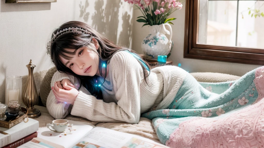 cute pajamas, girl lying on the sofa, soft and cozy texture, fluffy pillows, warm and dim lighting, pastel color palette, dreamy atmosphere, delicate floral patterns on the pajamas, peaceful and relaxed expression, messy but cute bedhead, soft teddy bear by her side, cozy blanket wrapped around her, a cup of hot chocolate on the side table, fairy lights twinkling in the background, a book opened on her lap, gentle breeze coming through the window, a vase of fresh flowers on the coffee table, soft music playing in the room, a sense of tranquility and serenity, a moment of quiet happiness, an inviting and comfortable space.