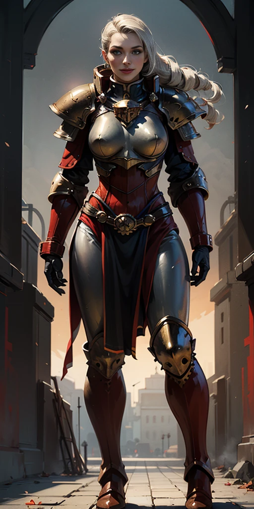 (masterpiece, best quality, 4k, 1girlsolo, 1MILF, mmplatz, smile, red cheeks, plain background:1.2) perfect face, perfect lighting, mature whsororitas with gloves red gauntlets in her hands like Cammy White from Street Fighter, bob white hair, warhammer 40k power armor suit with loincloth, red eyes like rubies, full body RED armor, view from below, looking to the viewer, arms to the sides empty hands, RED military boots, silver skull ornament attached to crossing 2 belt wide hips, 2 long legs