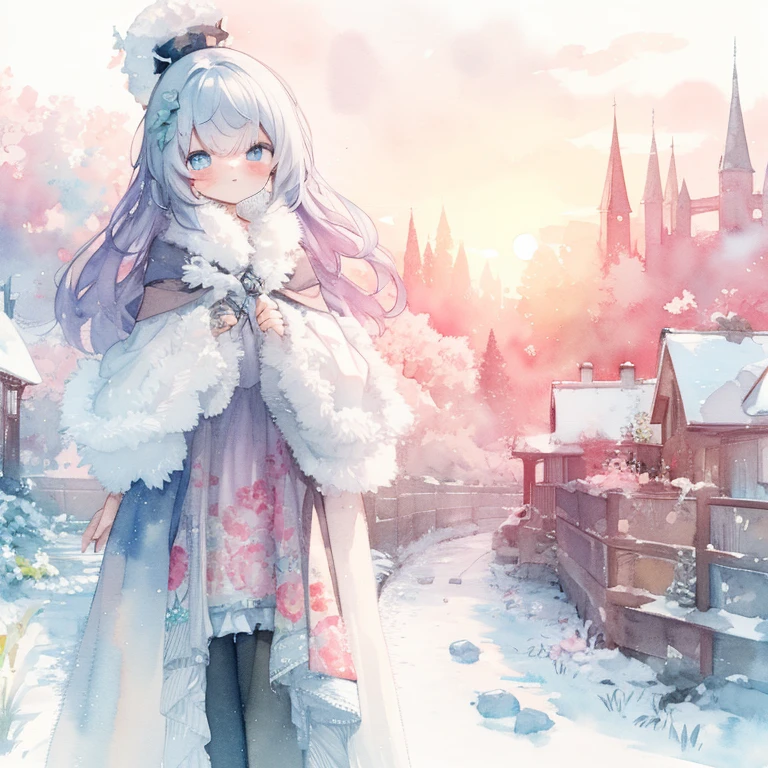 Pastel Watercolor、The girl&#39;s clothes are winter clothes, with a white breath on her hands against the background of a winter town dyed in the morning glow.、cold winter, cold, cold snowy, beautiful digital artwork, beautiful artwork, winter time, cold snow outside, a cold, cold but beautiful, cold weather, winter concept art, winter princess, snowy winter, winter snow, beautiful digital figure, a beautiful artwork figure, figure!, In winter, beautiful figure