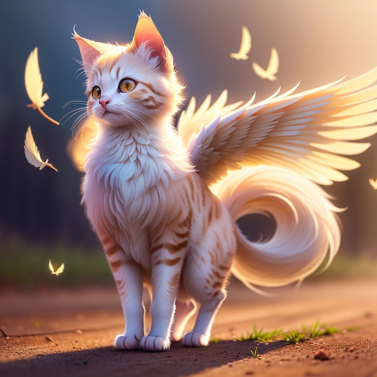 A whimsical image of a kitten with delicate, feathery wings embraces the surreal. Its fur, a soft blend of ginger and white, glows in the ethereal light, while its eyes, wide and curious, twinkle with a touch of mischief. The wings, in contrast, are bathed in the brilliant hue of the setting sun, casting long, gentle shadows on the ground beneath. As it playfully bounds, the wind rustles through its feathers, creating an enchanting symphony that resonates through the serene surroundings.