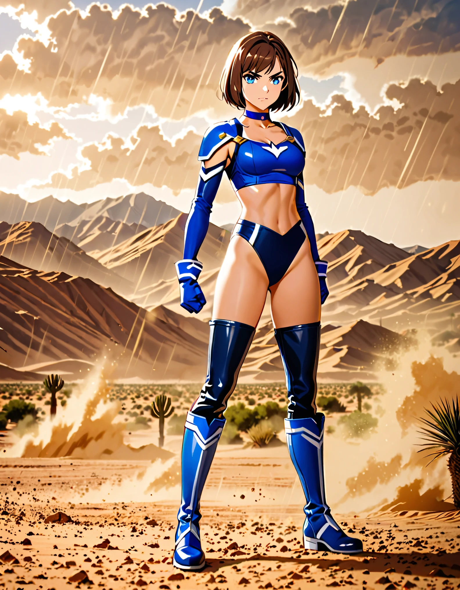 1girl, superhero, blue choker, blue eyes, blue footwear, blue gloves, boots, leotard, midriff, long sleeves, medium breasts, brown hair, knee boots, short hair, bob hair, solo, standing, determined, full body, desert backdrop, sandstorm, college-age female