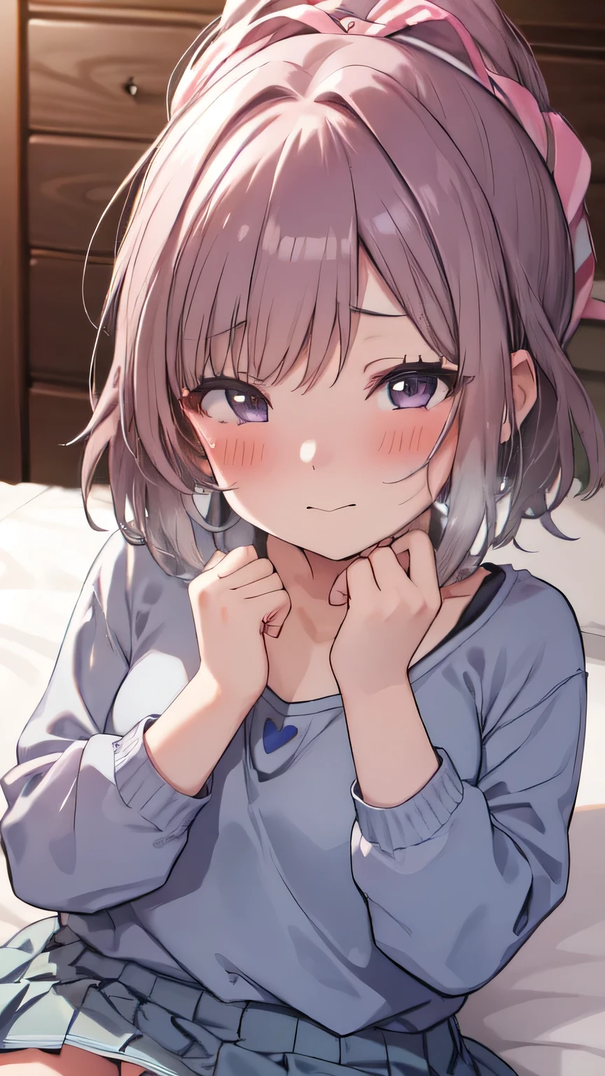 Very detailed、(8k, RAW Photos, highest quality, masterpiece:1.2), (Very detailed 8k wallpaper),shape、Professional Lighting,Sharp focus, Written boundary depth、
Browsing Caution、Clear Eyes、Perfect Anatomy、pretty girl、、12 years old、High Ponytail、、(blush:1.5)、、(Pleated skirt:1.2)、Lying down、(Close up on face:1.1)、Plump thighs、、White panties、bed、