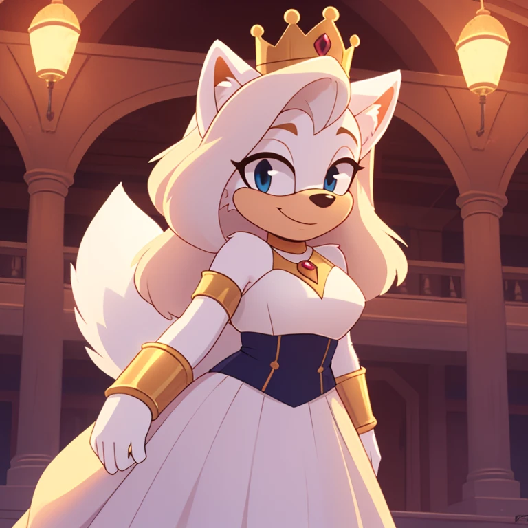 (score_9, score_8_up, 2d), Russian tsarina, polar wolf mobian, female mobian, sonic_(series), tsarina crown, russian, (russian golden royal dress, long skirt dress, round dress), (medium breasts:0.7), ((thin, white muzzle)), ((white hair, long hair, ((white fur, white body, fluffy fur)))), (fluffy hair, fluffy tail, (large tail)), smile, beautiful, cute, dominant, solo, upper body.