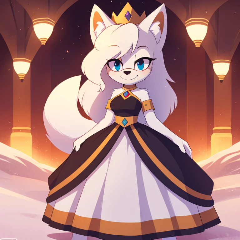 (score_9, score_8_up, 2d), Russian tsarina, polar wolf mobian, female mobian, sonic_(series), tsarina crown, russian, (russian golden royal dress, long skirt dress, round dress), (medium breasts:0.7), ((thin, white muzzle)), ((white hair, long hair, ((white fur, white body, fluffy fur)))), (fluffy hair, fluffy tail, (large tail)), smile, beautiful, cute, dominant, solo, upper body.