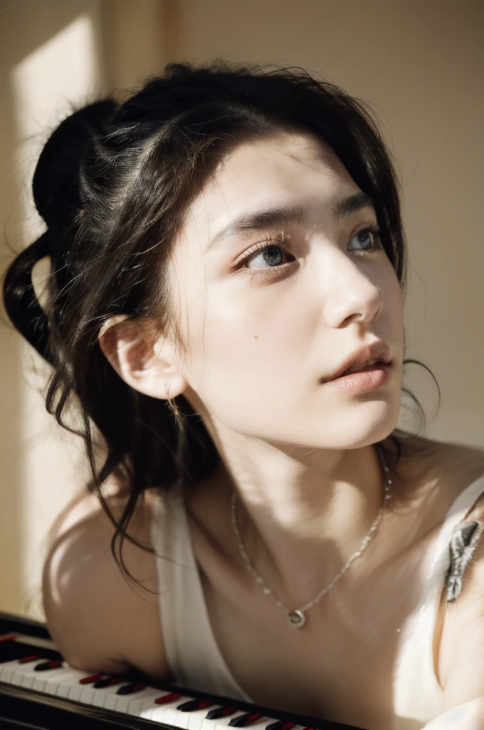 (masterpiece, top quality, best quality,8k, girl,ultra detailed,raw photo:1.5),(photorealistic:1.4),(cinematic lighting), PerfectNwsjMajic, , Surrealism, UHD, ccurate, Super detail, textured skin, High detail, Best quality, dynamic angle, (high nose,White skin),[Beautiful blue eyes],[flat chest:large breasts:0.5],(1girl),(good anatomy:0.5)), long hair, piano, instrument, black eyes, dress, white dress, looking at viewer, light particles, indoors, jewelry, sleeveless, bare shoulders, from side,black hair