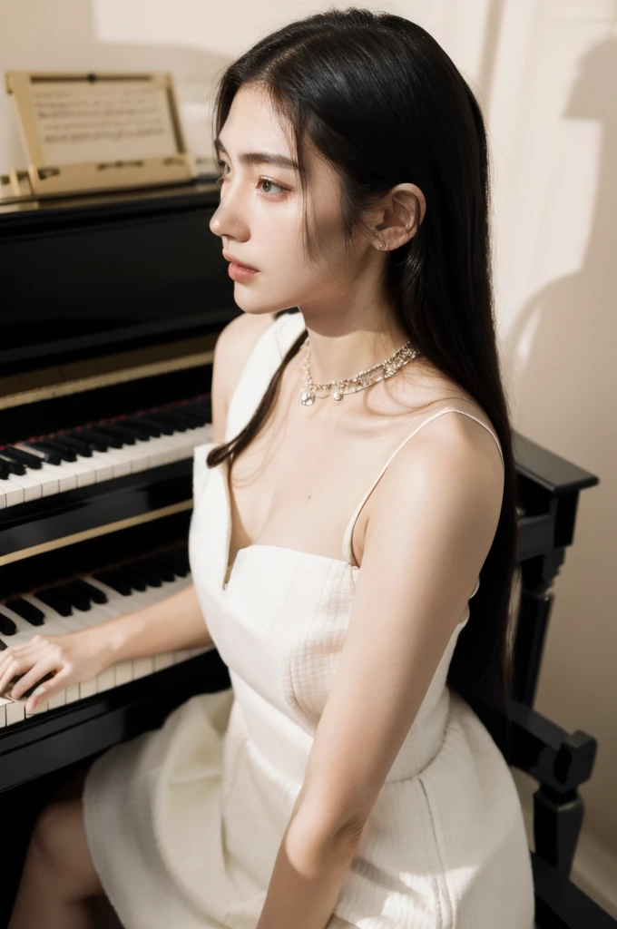(masterpiece, top quality, best quality,8k, girl,ultra detailed,raw photo:1.5),(photorealistic:1.4),(cinematic lighting), PerfectNwsjMajic, , Surrealism, UHD, ccurate, Super detail, textured skin, High detail, Best quality, dynamic angle, (high nose,White skin),[Beautiful blue eyes],[flat chest:large breasts:0.5],(1girl),(good anatomy:0.5)), long hair, piano, instrument, black eyes, dress, white dress, looking at viewer, light particles, indoors, jewelry, sleeveless, bare shoulders, from side,black hair