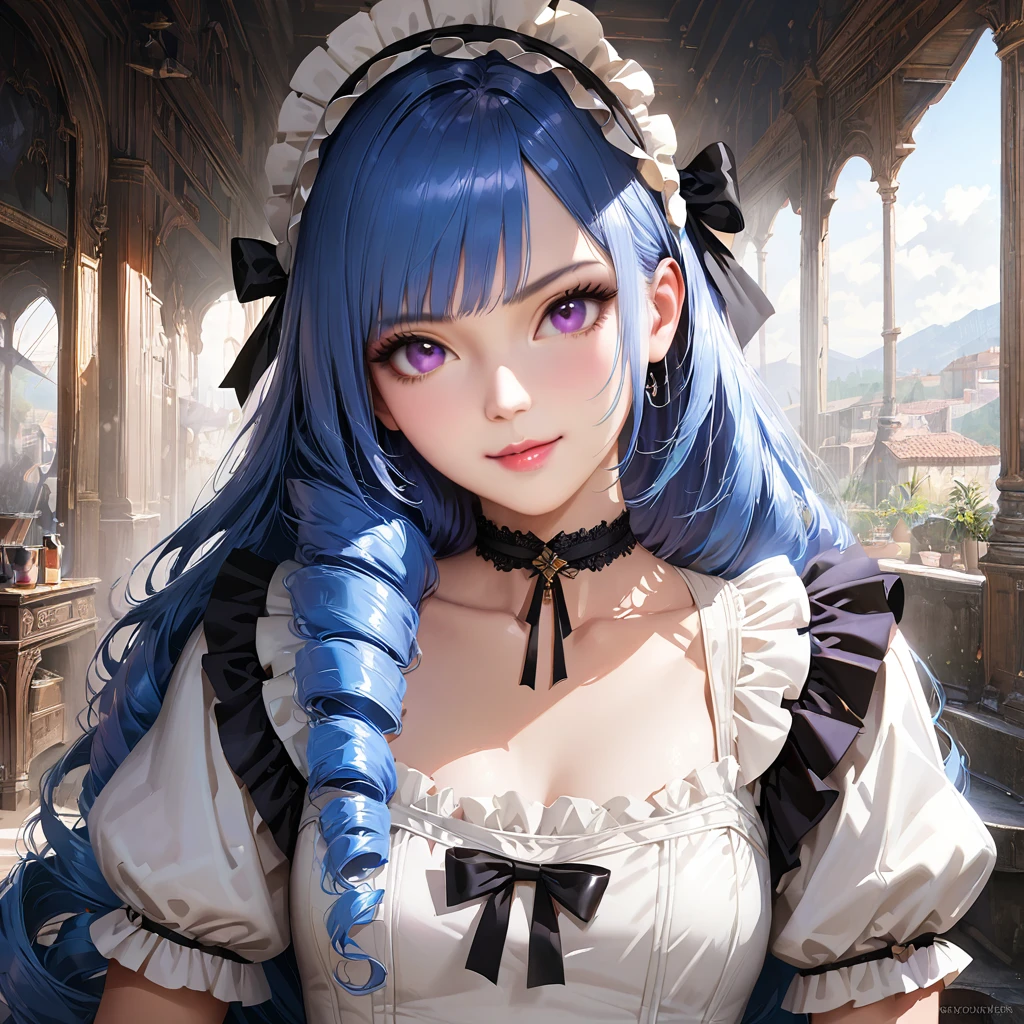 Korean,Realistic, masterpiece, Final details, photo Realistic, Intricate details, Octane Rendering, 8k, One girl, Perfect face, Beautiful Face, nswf, Trough Reference, Hair Details,, black bow, black gloves, Black Legs, blue eyes, Blue Hair, bow, clavicle, dress, Drill Hair, Frills, Frills, gloves, Gwen, headdress, High resolution, Long Hair, Lips parted, Puffy sleeves, Purple eyes, smile, alone, white dress, Oilskin,