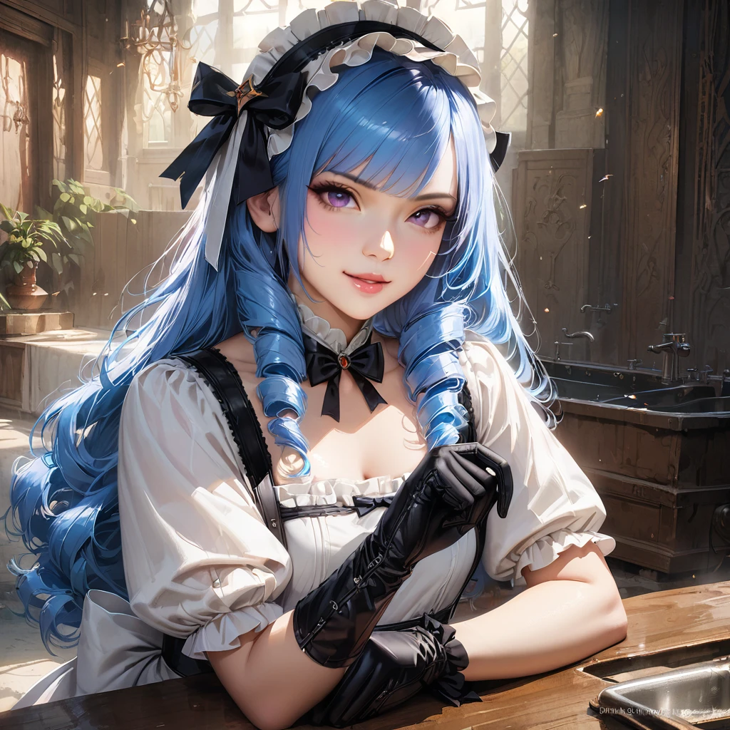 Korean,Realistic, masterpiece, Final details, photo Realistic, Intricate details, Octane Rendering, 8k, One girl, Perfect face, Beautiful Face, nswf, Trough Reference, Hair Details,, black bow, black gloves, Black Legs, blue eyes, Blue Hair, bow, clavicle, dress, Drill Hair, Frills, Frills, gloves, Gwen, headdress, High resolution, Long Hair, Lips parted, Puffy sleeves, Purple eyes, smile, alone, white dress, Oilskin,