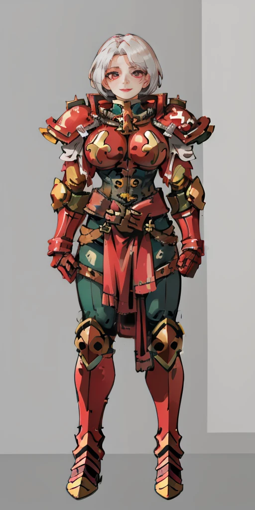 (masterpiece, best quality, 4k, 1girlsolo, 1MILF, mmplatz, smile, red cheeks, plain background:1.2) perfect face, perfect lighting, mature whsororitas with gloves red gauntlets in her hands like Cammy White from Street Fighter, bob white hair, warhammer 40k power armor suit with loincloth, red eyes like rubies, full body RED armor, view from below, looking to the viewer, arms to the sides empty hands, RED military boots, silver skull ornament attached to crossing 2 belt wide hips, 2 long legs