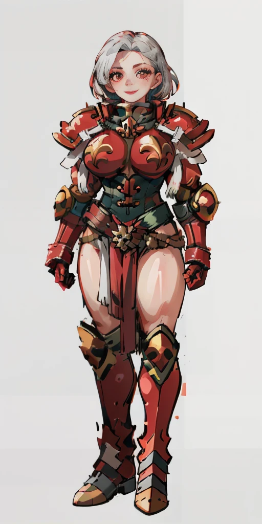 (masterpiece, best quality, 4k, 1girlsolo, 1MILF, mmplatz, smile, red cheeks, plain background:1.2) perfect face, perfect lighting, mature whsororitas with gloves red gauntlets in her hands like Cammy White from Street Fighter, bob white hair, warhammer 40k power armor suit with loincloth, red eyes like rubies, full body RED armor, view from below, looking to the viewer, arms to the sides empty hands, RED military boots, silver skull ornament attached to crossing 2 belt wide hips, 2 long legs