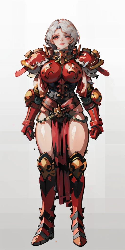 (masterpiece, best quality, 4k, 1girlsolo, 1MILF, mmplatz, smile, red cheeks, plain background:1.2) perfect face, perfect lighting, mature whsororitas with gloves red gauntlets in her hands like Cammy White from Street Fighter, bob white hair, warhammer 40k power armor suit with loincloth, red eyes like rubies, full body RED armor, view from below, looking to the viewer, arms to the sides empty hands, RED military boots, silver skull ornament attached to crossing 2 belt wide hips, 2 long legs