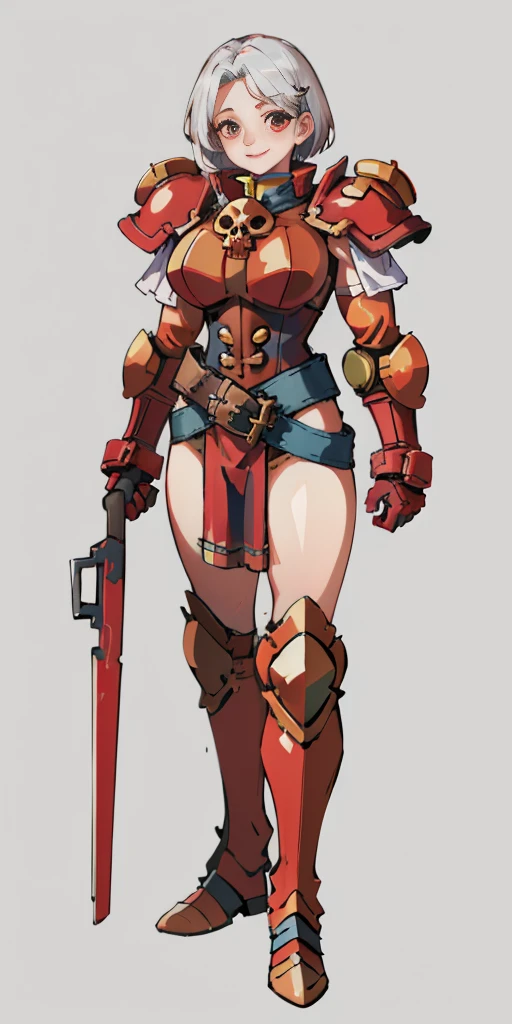 (masterpiece, best quality, 4k, 1girlsolo, 1MILF, mmplatz, smile, red cheeks, plain background:1.2) perfect face, perfect lighting, mature whsororitas with gloves red gauntlets in her hands like Cammy White from Street Fighter, bob white hair, warhammer 40k power armor suit with loincloth, red eyes like rubies, full body RED armor, view from below, looking to the viewer, arms to the sides empty hands, RED military boots, silver skull ornament attached to crossing 2 belt wide hips, 2 long legs