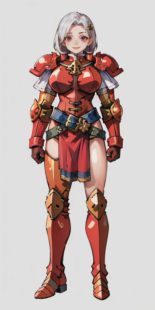 (masterpiece, best quality, 4k, 1girlsolo, 1MILF, mmplatz, smile, red cheeks, plain background:1.2) perfect face, perfect lighting, mature whsororitas with gloves red gauntlets in her hands like Cammy White from Street Fighter, bob white hair, warhammer 40k power armor suit with loincloth, red eyes like rubies, full body RED armor, view from below, looking to the viewer, arms to the sides empty hands, RED military boots, silver skull ornament attached to crossing 2 belt wide hips, 2 long legs