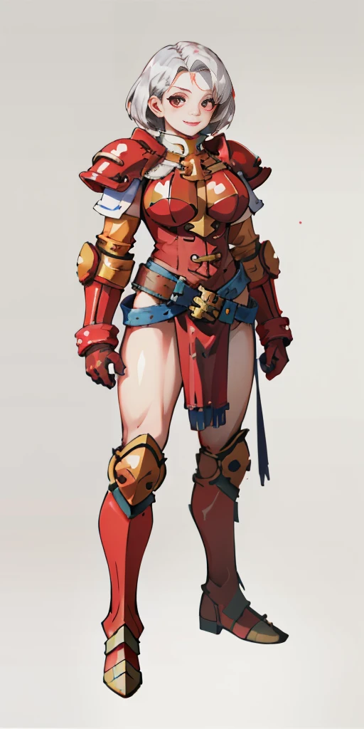 (masterpiece, best quality, 4k, 1girlsolo, 1MILF, mmplatz, smile, red cheeks, plain background:1.2) perfect face, perfect lighting, mature whsororitas with gloves red gauntlets in her hands like Cammy White from Street Fighter, bob white hair, warhammer 40k power armor suit with loincloth, red eyes like rubies, full body RED armor, view from below, looking to the viewer, arms to the sides empty hands, RED military boots, silver skull ornament attached to crossing 2 belt wide hips, 2 long legs