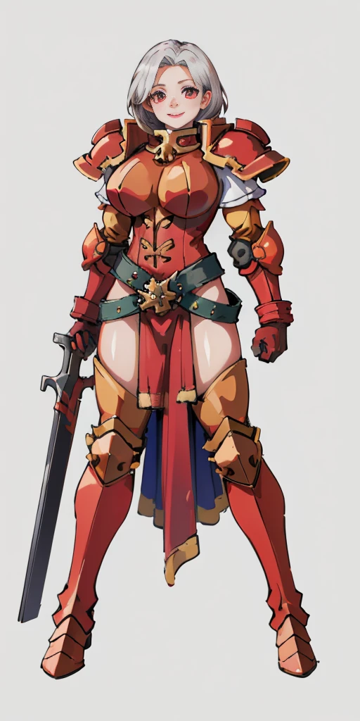 (masterpiece, best quality, 4k, 1girlsolo, 1MILF, mmplatz, smile, red cheeks, plain background:1.2) perfect face, perfect lighting, mature whsororitas with gloves red gauntlets in her hands like Cammy White from Street Fighter, bob white hair, warhammer 40k power armor suit with loincloth, red eyes like rubies, full body RED armor, view from below, looking to the viewer, arms to the sides empty hands, RED military boots, silver skull ornament attached to crossing 2 belt wide hips, 2 long legs