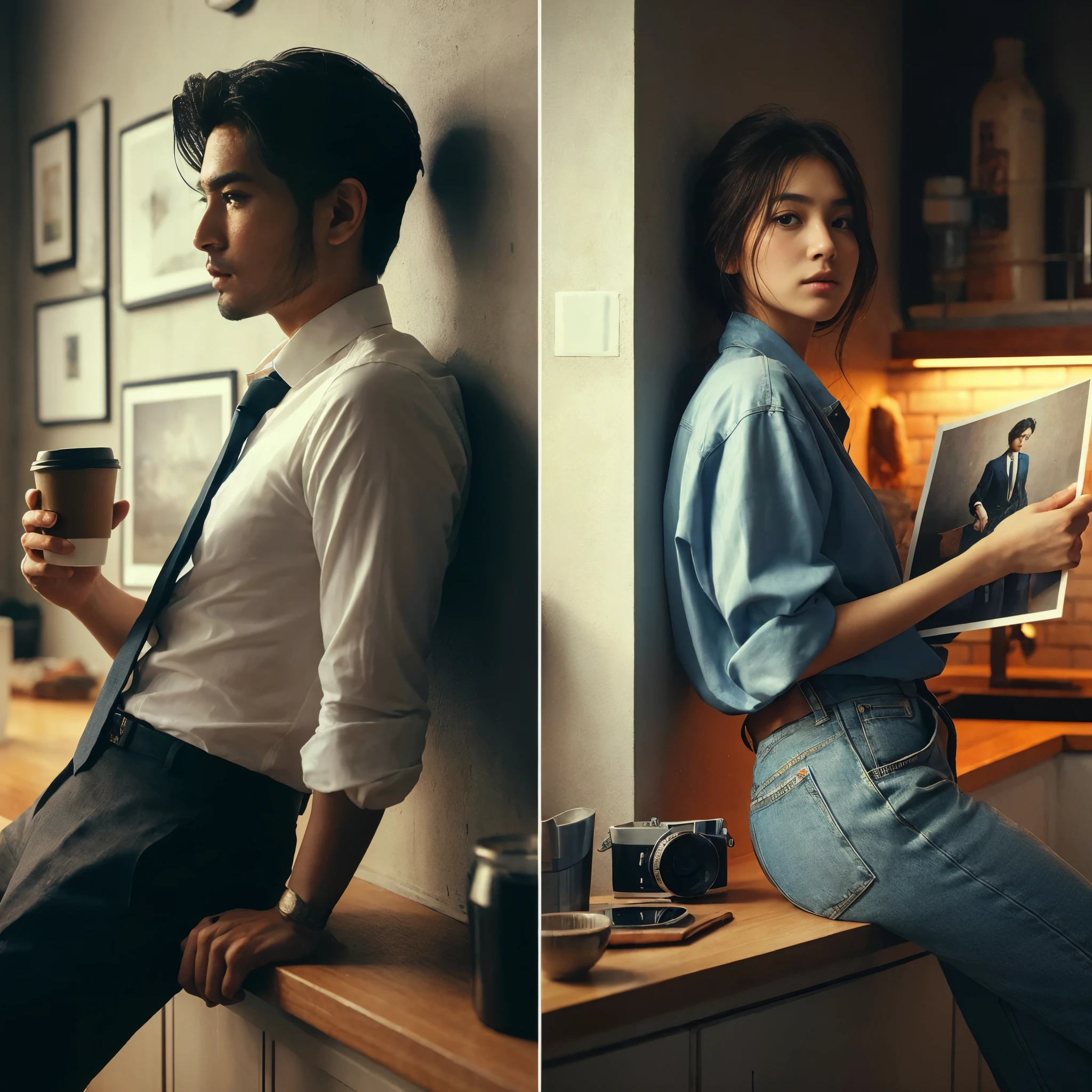 one images collage a showing two different picture with same foreground.
(first picture a show one asia man is leaning against the wall, holding a coffee cup in office).
(second picture a show one asia woman hijab is leaning against the wall and facing right, holding a photo in bed room).perfect body,epicrealism,ultra HD,atmospheric impressionism,photography,film dramatic realism,pre-raphaelite realism,detail on face,soft focus realism --ar 36:61 --stylize 750 --v6.