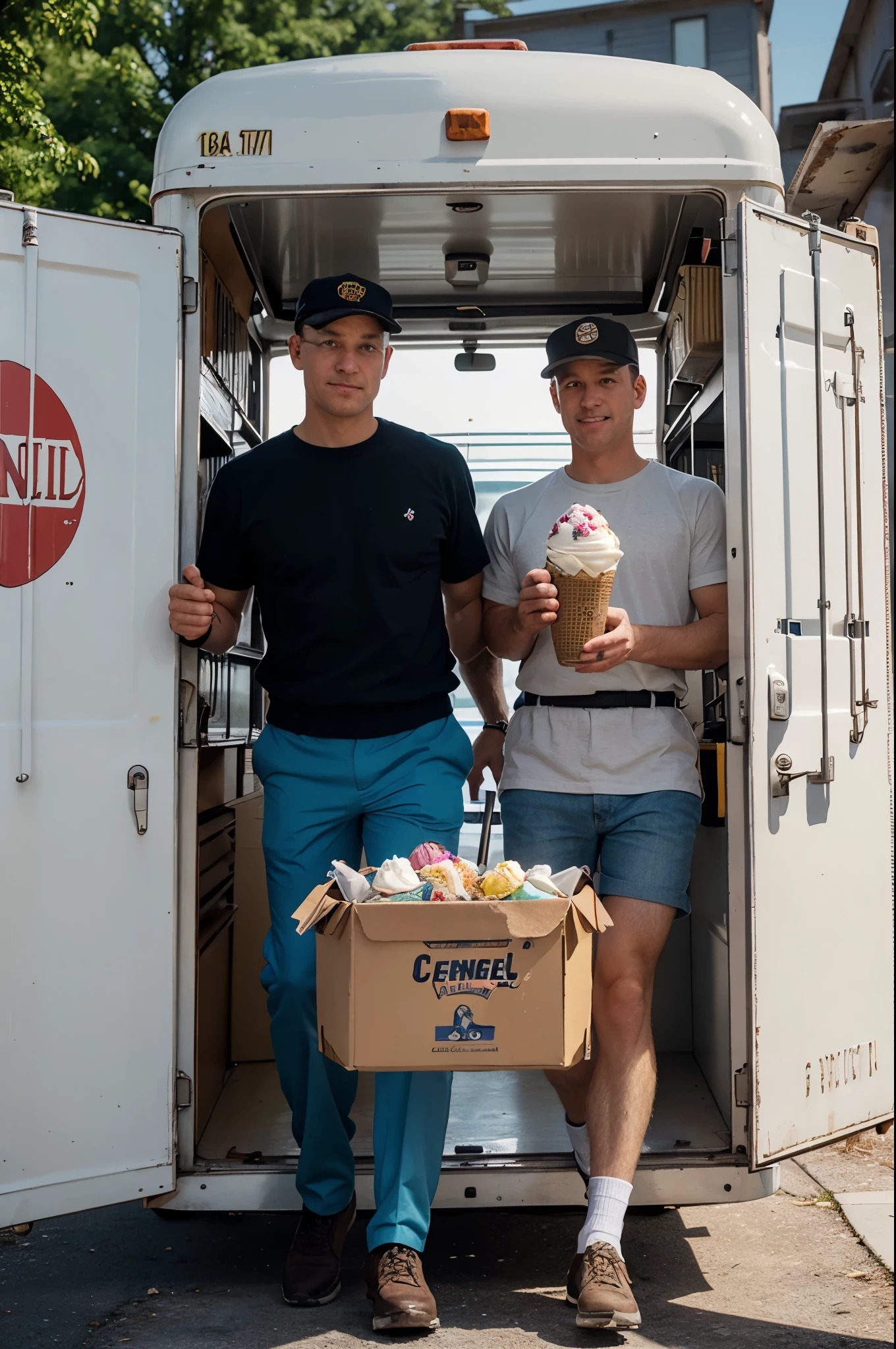 A uniformed man carries two containers of ice cream to a vintage Bendfelt Ice Cream refrigerated truck. Bendfelt started in 1917 when Walter H. Bendfelt took over the Standard Ice Cream Company.