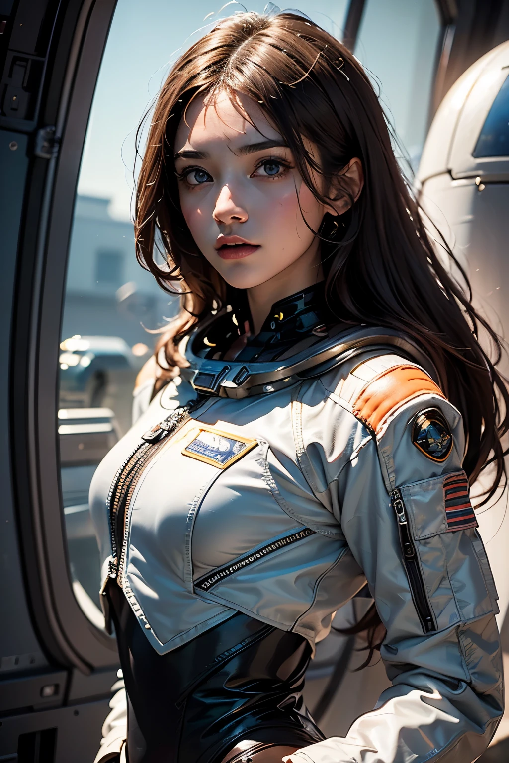 ((best quality)), (masterpiece)), (detail: 1.4), 3D, Ridiculous decision, high resolution, (masterpiece: 1.4), Super detailed, Beauty 1 person, The future image of women, Shiny Brown Hair, Beautiful brown eyes, Pretty Face, 16 years, spacecraft, floating, small, Space suit, spacecraft, window, future, Dynamic poses, Change of clothes.