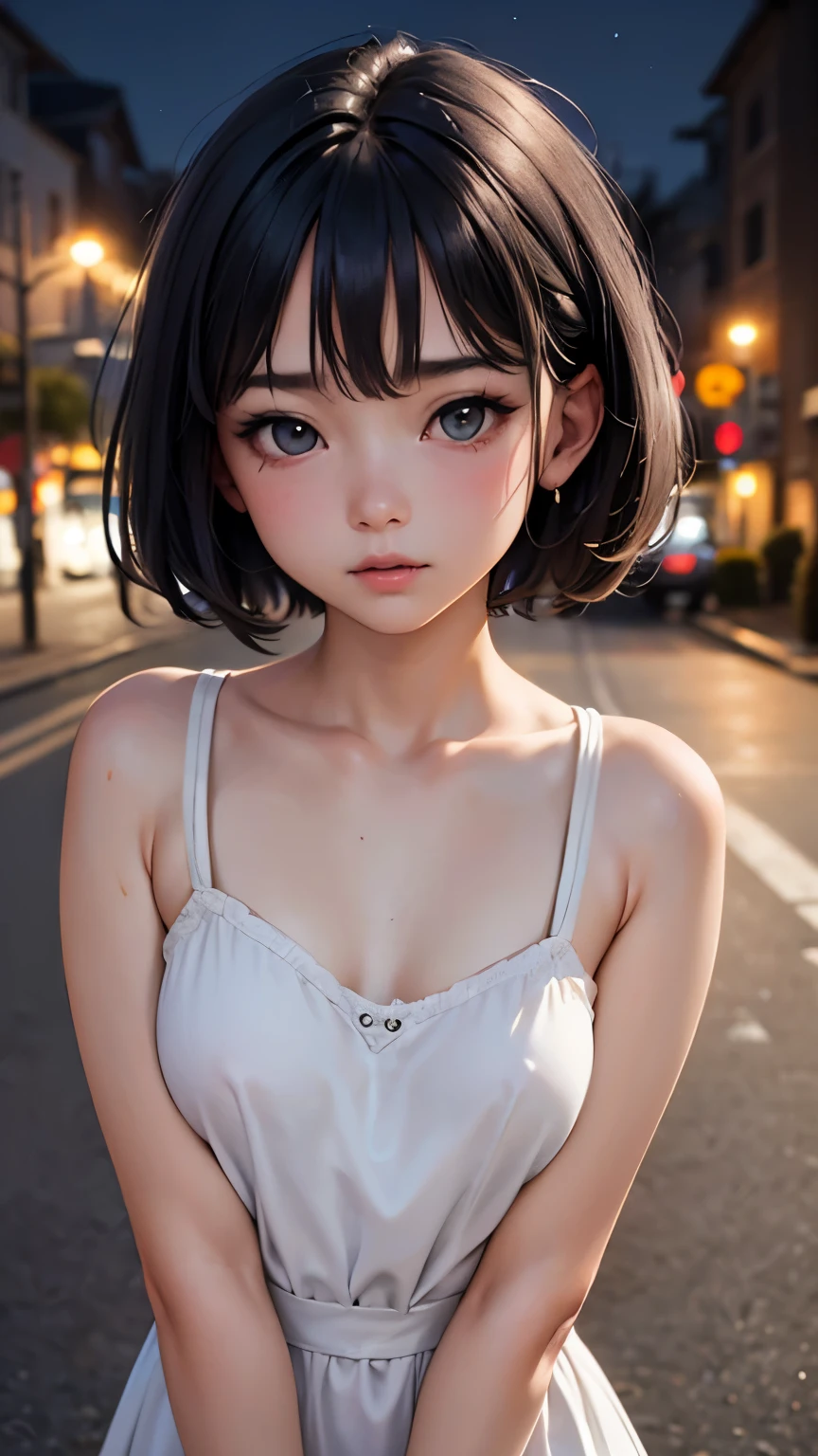 (Half Body Shot,Street lamp,moon),masterpiece, One girl, Solo Exhibitions, Beautiful woman with small breasts, nightのビーチ, Beautiful Goddess Girl Portrait, Beautiful and elaborate face, Porcelain-like skin, (((Bust Shot, center, night, Black Hair, short hair)), Very soft lighting, Full Shot,Symmetric, complicated, grace, Attention to detail, realism, art, concept art,White clothes