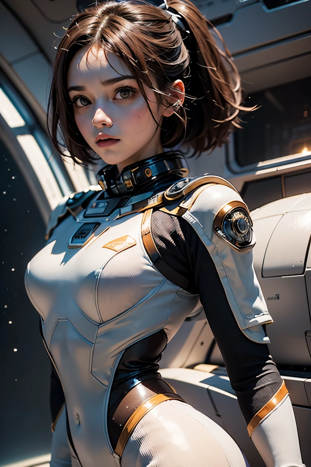 ((best quality)), (masterpiece)), (detail: 1.4), 3D, Ridiculous decision, high resolution, (masterpiece: 1.4), Super detailed, Beauty 1 person, The future image of women, Shiny Brown Hair, Beautiful brown eyes, Pretty Face, 16 years, spacecraft, floating, small, Space suit, spacecraft, window, future, Dynamic poses, Change of clothes.