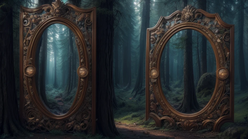 A tall mirror in a dark forest, the mirror shows another world, the mirror has a wooden frame with glowing runes carved in the frame,