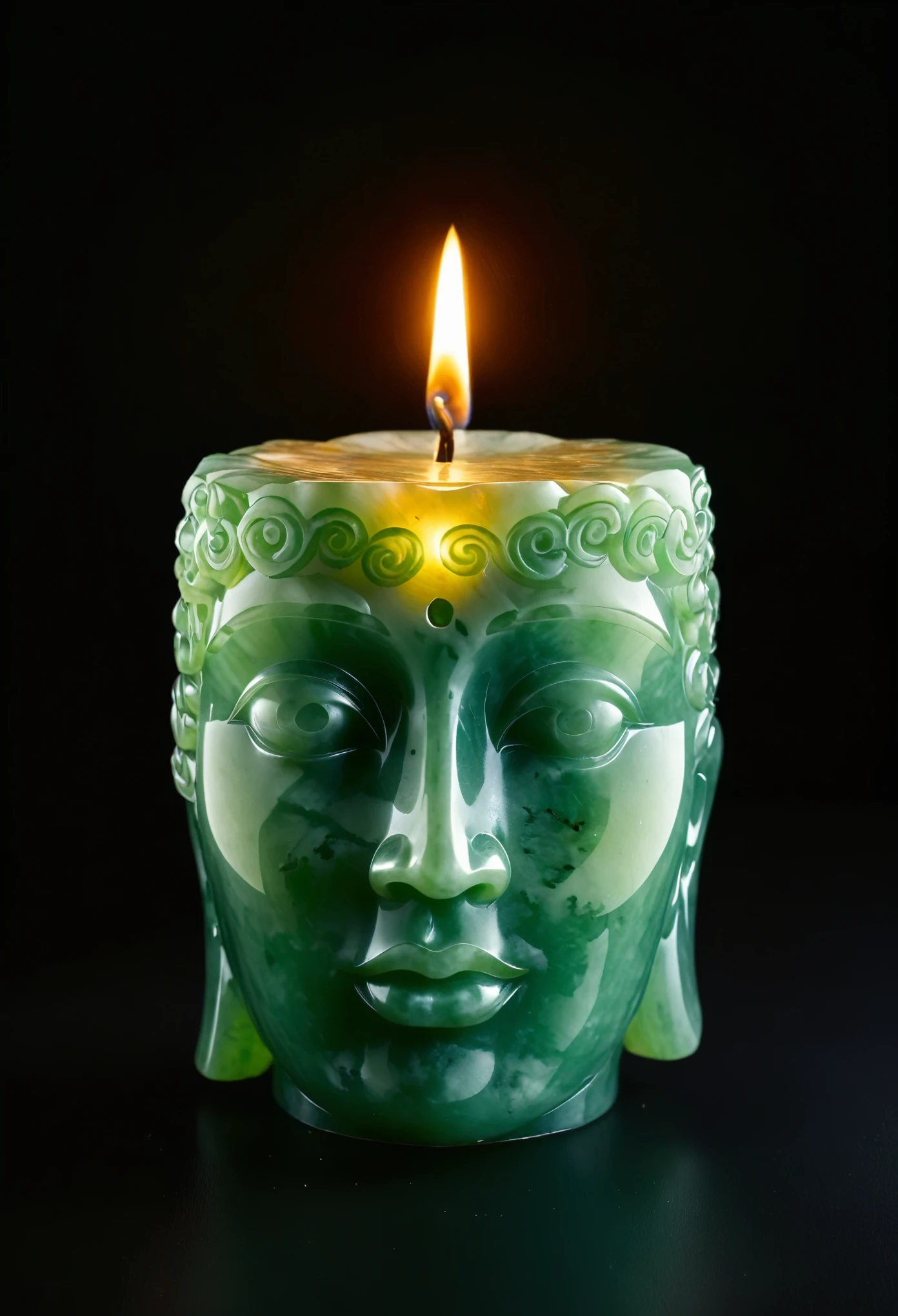 a jade candle looking like a human face,  looking up, subsurface scattering, made of wax, illuminated from within，