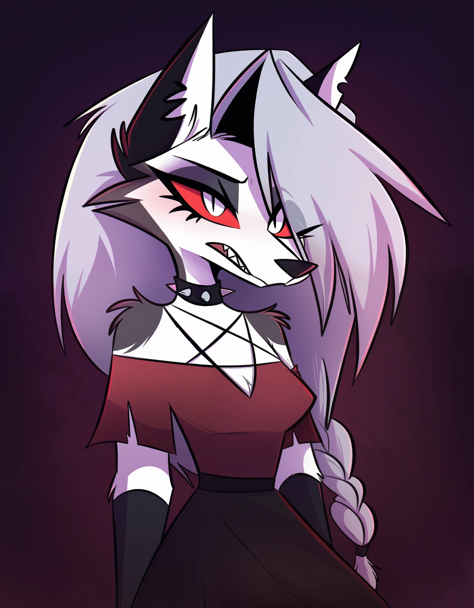 score_9, score_8_up, score_7_up, score_6_up, safe content, by vivzmind, mammal, canid, canid demon, demon, canine, monster, anthro, female, fur, solo, hair, white body, white fur, helluva boss, holidays, hellhound, loona, red sclera, dress, white eyes, braided hair, halloween, blood, official art, blood from eye