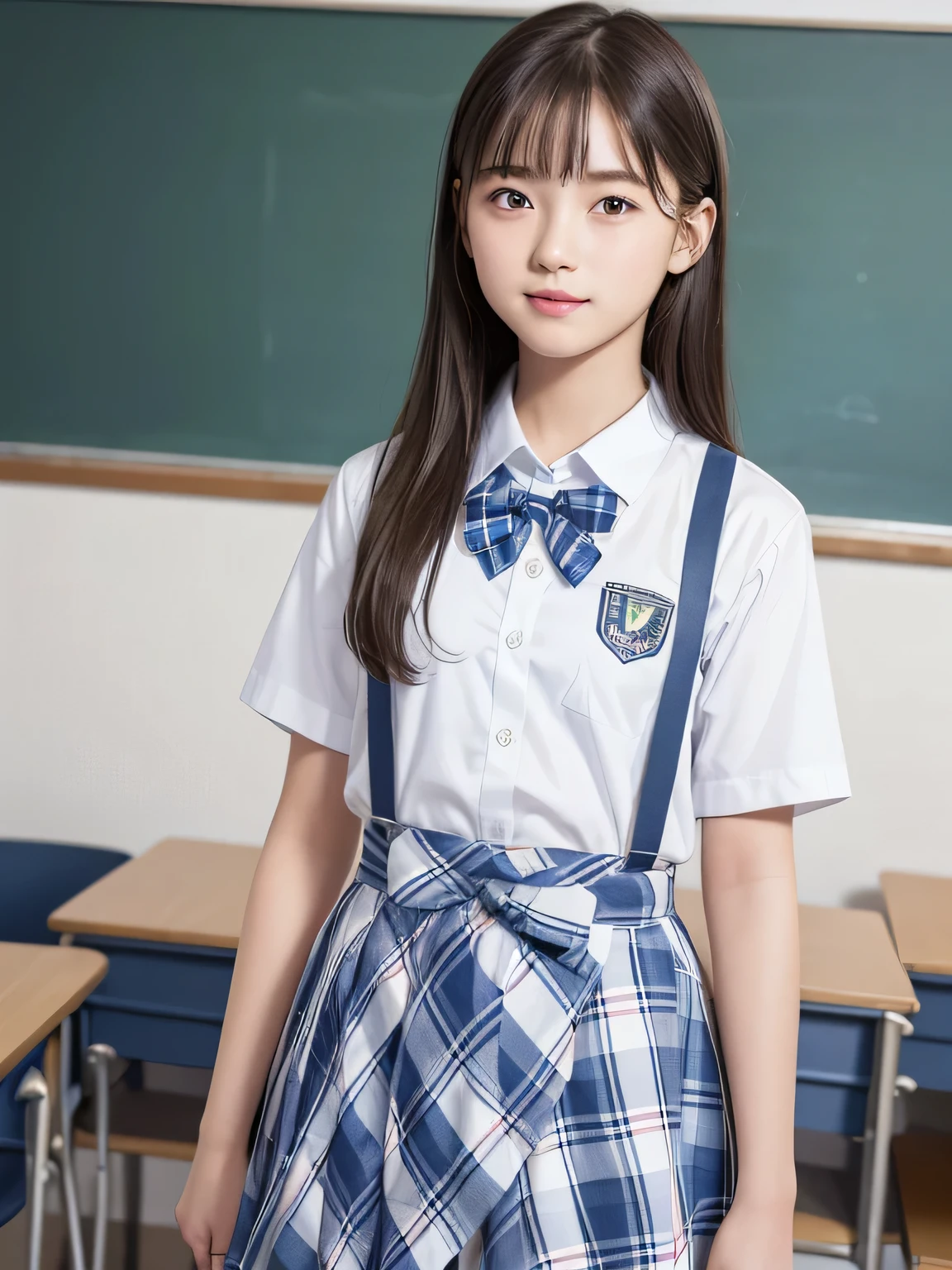 (masterpiece, highest quality:1.2), 8k, Young and beautiful girl, 85mm,Official AR RAW Photos, Baby Face, photo shoot, full-body shot, Cute face, Thighs, in the classroom, Looking at the audience, Embarrassing, smile, No makeup, chromatic aberration, Sharp focus, Face Light, 10 generations, Detailed face, ((((((14 year old)))))), School attire, White shirt, blue plaid short dress, The shirt button opens