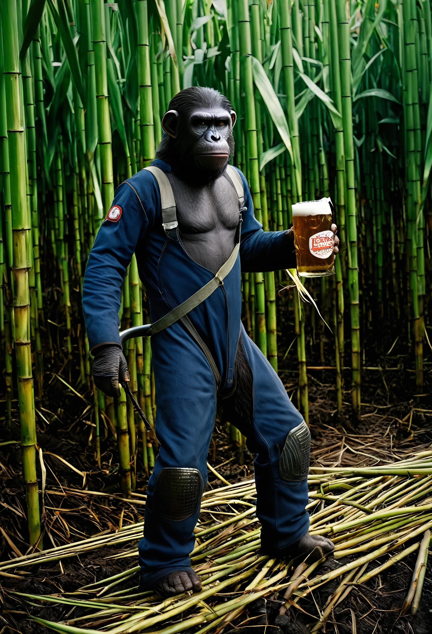 Monkey from Planet of the Apes wearing factory welder outfit , WITH A BEER IN HAND , is in a sugar cane industry