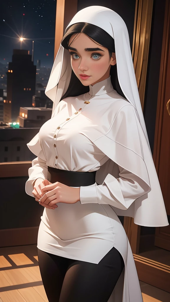 Top quality people々，masterpiece，final solution，fluffy，非常にcolorfulな，colorful，saint，Silvery white long hair，curly，Mature Woman，good，(Nun Dress,pencil skirt,Thighs:1.3)，cathedral，Sanctuary，Normal posture、((mini skirt)),