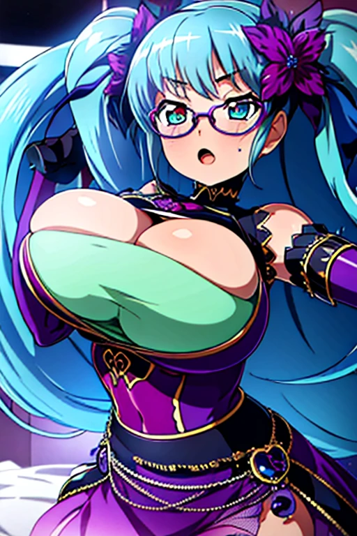 masterpiece, best quality, ultra-detailed, kawaii, cute, lovely, sexy, ero, extremely detailed, 4K, 8K, best quality, beautiful, anime style, latex bodysuit, beautiful eyes, large breast, tattoo, ahegao ,otonashi subaru,heterochromia,green right eye,blue left eye,twintails,cobalt blue hair,glasses,large breasts,Perfect body,animated, animification, tattoo,dark dress,beautiful detailed hair, purple Clothes,lift up skirt