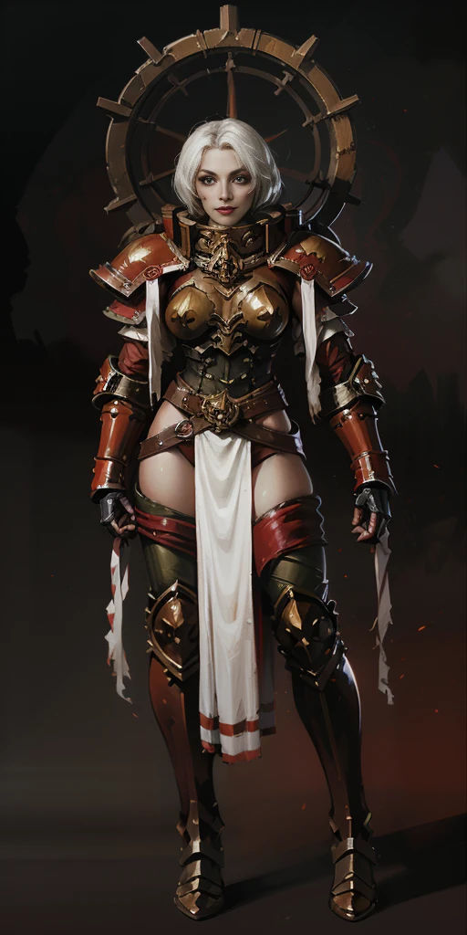 (masterpiece, best quality, 4k, 1girlsolo, 1MILF, mmplatz, smile, red cheeks, plain background:1.2) perfect face, perfect lighting, mature whsororitas with gloves red gauntlets in her hands like Cammy White from Street Fighter, bob white hair, warhammer 40k power armor suit with loincloth, red eyes like rubies, full body RED armor, view from below, looking to the viewer, arms to the sides empty hands, RED military boots, silver skull ornament attached to crossing 2 belt wide hips, 2 long legs