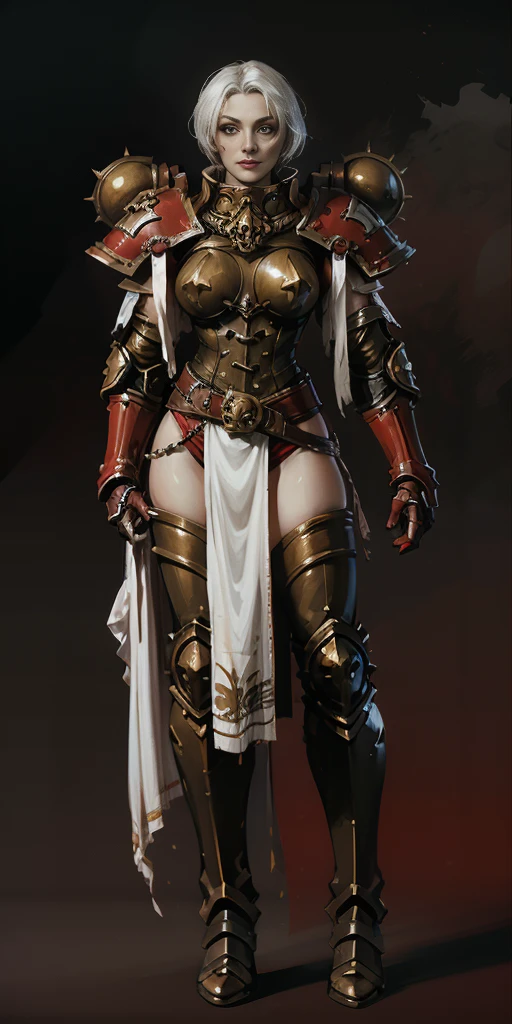 (masterpiece, best quality, 4k, 1girlsolo, 1MILF, mmplatz, smile, red cheeks, plain background:1.2) perfect face, perfect lighting, mature whsororitas with gloves red gauntlets in her hands like Cammy White from Street Fighter, bob white hair, warhammer 40k power armor suit with loincloth, red eyes like rubies, full body RED armor, view from below, looking to the viewer, arms to the sides empty hands, RED military boots, silver skull ornament attached to crossing 2 belt wide hips, 2 long legs