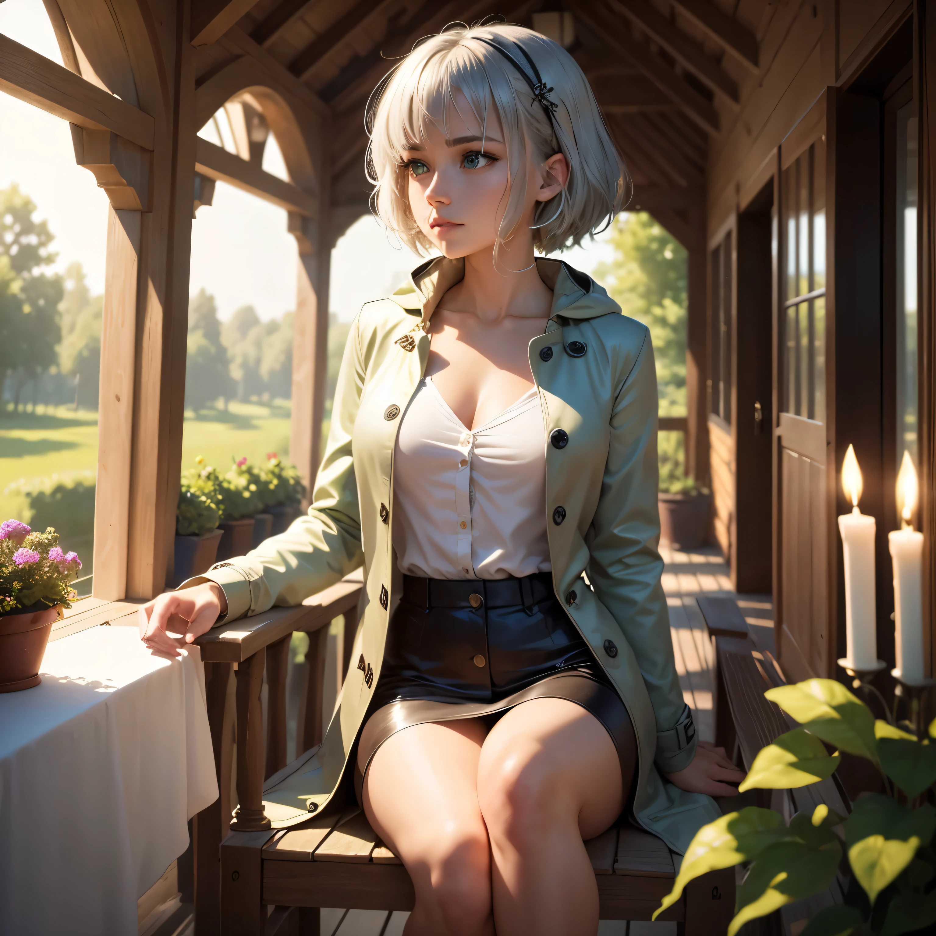 masterpiece, highest quality,Very detailed,Hyper Details, cinematic Light,, One girl, alone, sit, Outdoor, Summer House, sitting in the Summer House,  plant, table, chandelier, Candles, Wind, Green Eyes, Pan Green Silver Hair, short hair, Floating Hair, Light, Light frown, profile,View your viewers, dynamic_angle,The see-through happi coat is unbuttoned,nude
