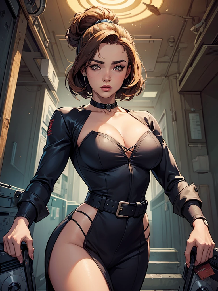 Personagem mulher estilo atompunk Fallout 4 cabelos pretos  atriz Ella Purnell com marcas de guerras Imagem de desenho animado de uma mulher .Ilustracaoo estilo desenho animado, estilo de arte dos desenhos animados, estilo de arte dos desenhos animados, digital illustration style, estilo atompunk design de personagens altamente detalhado, arte digital detalhada coragem,atriz Ella Purnell com cabelo preto e corpo esguio Forest fan art, Design de cabelos pretos personagens de retrato, beautiful digital illustration, retrato de alta qualidade, Arte em quadrinhos, s . Olhos delineados, ??????????? and wonderful ???? clothes. image expression of ?????? desire from waist to head illustration atompunk style Fallout 4 The perspective is from below, enfatizando a majestade e o poder da Gigante."actress Ella Purnell black hairstyle Cartoon style digital illustration GTA Style