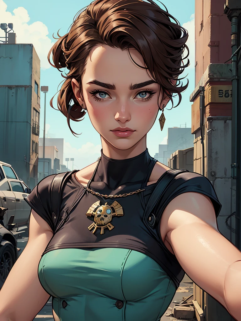 Personagem mulher estilo atompunk Fallout 4 cabelos pretos  atriz Ella Purnell com marcas de guerras Imagem de desenho animado de uma mulher .Ilustracaoo estilo desenho animado, estilo de arte dos desenhos animados, estilo de arte dos desenhos animados, digital illustration style, estilo atompunk design de personagens altamente detalhado, arte digital detalhada coragem,atriz Ella Purnell com cabelo preto e corpo esguio Forest fan art, Design de cabelos pretos personagens de retrato, beautiful digital illustration, retrato de alta qualidade, Arte em quadrinhos, s . Olhos delineados, medium bust and wonderful sexy clothes. image expression of sexual desire from waist to head illustration atompunk style Fallout 4 The perspective is from below, enfatizando a majestade e o poder da Gigante."actress Ella Purnell black hairstyle Cartoon style digital illustration GTA Style