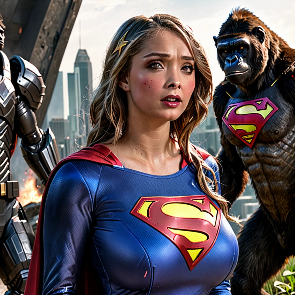 (best quality,4k,highres,masterpiece:1.2),ultra-detailed,realistic,portraits,vivid colors,dramatic lighting,Supergirl,annoyed,tattered uniform,ragged uniform,smoking crater,offended,shocked,alien robot gorilla,rocket (full body shot, show her entire body, head to toe) Please make sure your output is separated by commas.","Separated。The following is an example for reference： ``` (best quality,4k,highres,masterpiece:1.2),ultra-detailed,realistic,portraits,vivid colors,dramatic lighting,Supergirl,annoyed,tattered uniform,ragged uniform,smoking crater,offended,shocked,alien robot gorilla,rocket (full body shot, show her entire body, head to toe) ```