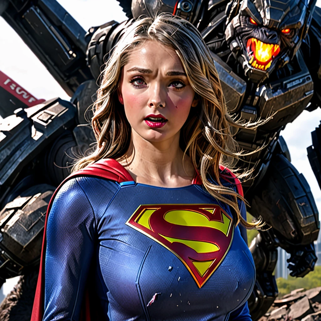 (best quality,4k,highres,masterpiece:1.2),ultra-detailed,realistic,portraits,vivid colors,dramatic lighting,Supergirl,annoyed,tattered uniform,ragged uniform,smoking crater,offended,shocked,alien robot gorilla,rocket (full body shot, show her entire body, head to toe) Please make sure your output is separated by commas.","Separated。The following is an example for reference： ``` (best quality,4k,highres,masterpiece:1.2),ultra-detailed,realistic,portraits,vivid colors,dramatic lighting,Supergirl,annoyed,tattered uniform,ragged uniform,smoking crater,offended,shocked,alien robot gorilla,rocket (full body shot, show her entire body, head to toe) ```