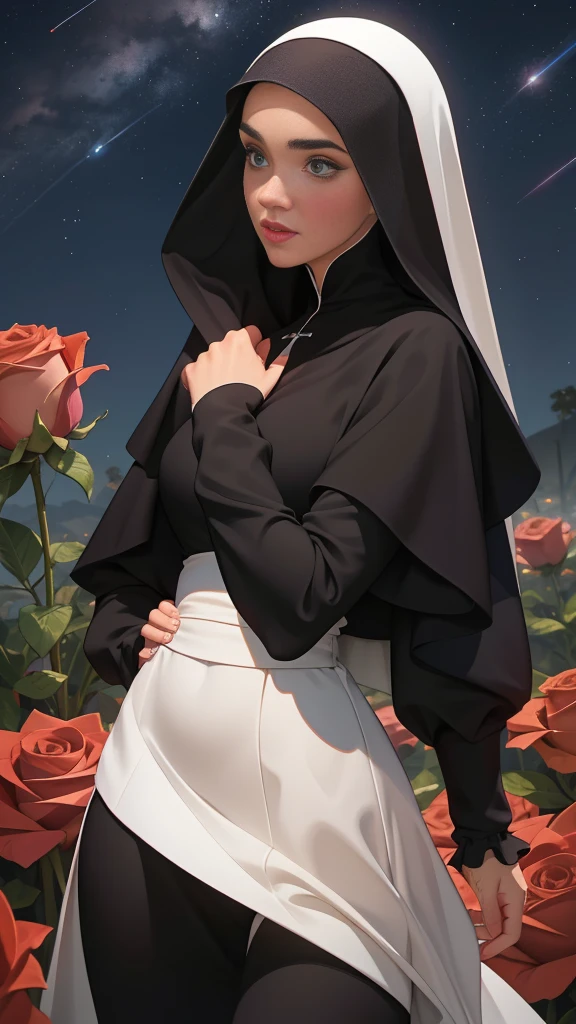 garota,, pequeno, Shy, bunda grande,   catholic nun outfit  , dynamic pose, Quente, soft or colored lips, fundo simples, perfect hands, anatomia perfeita, Inclina  Jennifer Connelly estilo Cartoon estilo illustration digital estilo GTA matadora de vampiro com uma bíblia na mão e uma estaca de madeira na outra realista, 1 garota, accent lighting, brilho, obra de arte, melhor qualidade, 1 garota, cabelo longo loiro ondulado, olhos azuis, equestrian uniform, (obra de arte:1.4), melhor qualidade, ((realista)), alta qualidade, ultra detalhado, (illustration:1.05), (lindo:1.05), (lindo detailed eyes:1.05), (Cinematic Light:1.1), corar, lua, noite, rosas, rosa pastel, Gothic Tetradic Colors, brilho, seios grandes, coxas grossas