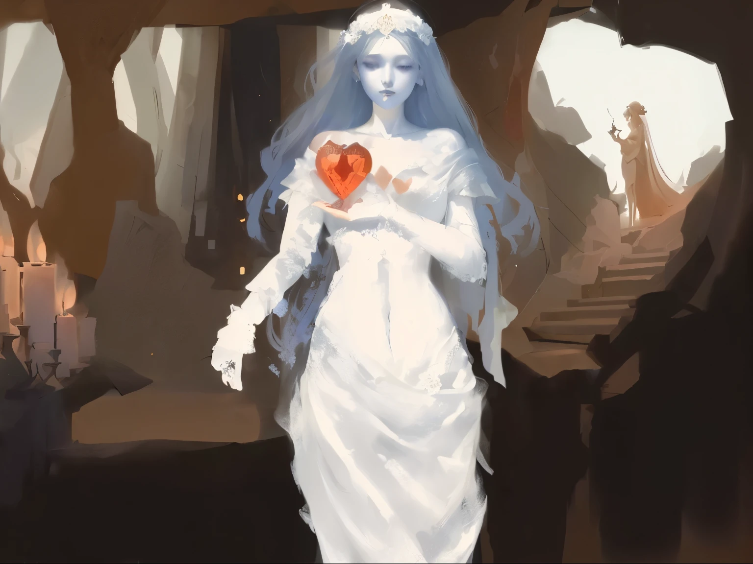 The painting shows a woman wearing a white dress,The waistline is obvious、Plaster angel woman holding a red holy grail, Greek Mythology Digital Painting, An expressive digital painting, Persephone as the goddess of death, fast paintinging, Inspired by Jeffrey Catherine Jones, ?????? Bride Art Style, fast painting, Pale young ghost girl, Digital concept art, Baroque Digital Painting, fast, godrays digital, concept